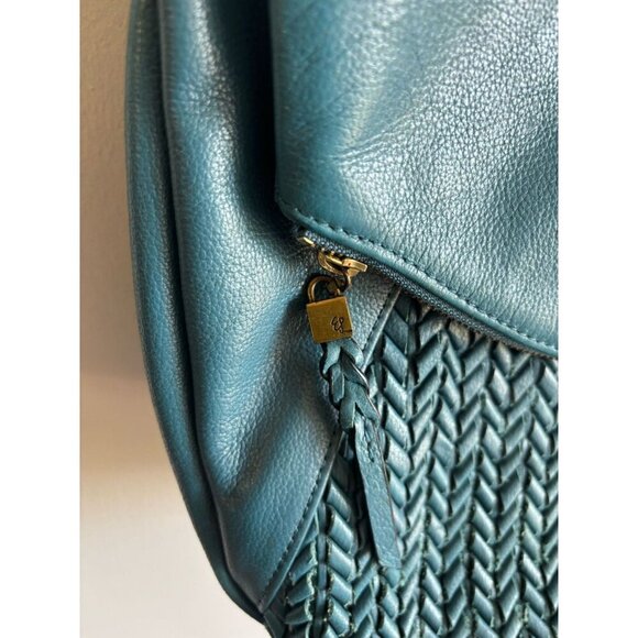 Elliot Lucca Leather Dark Blue Flap Over Woven Pattern Shoulder Bag Antique Ton - Picture 4 of 15